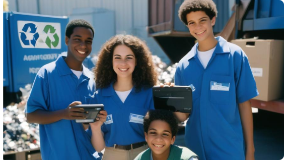 Recycling center workers in blue uniforms