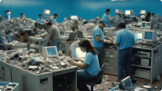 Electronics recycling facility workers processing materials
