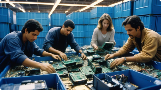 Workers sorting e-waste materials
